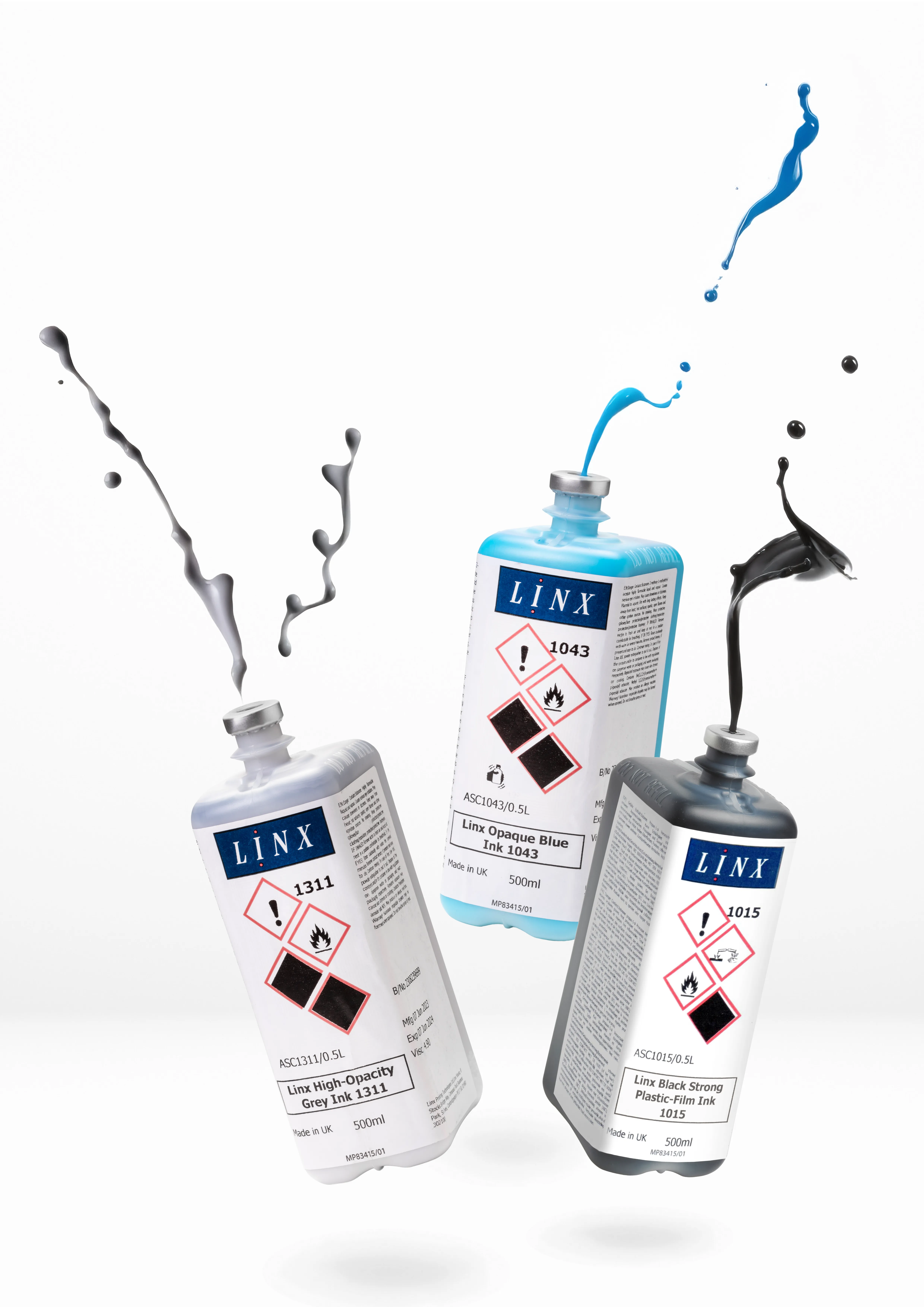 Linx CIJ ink cartridges in grey, blue, and black