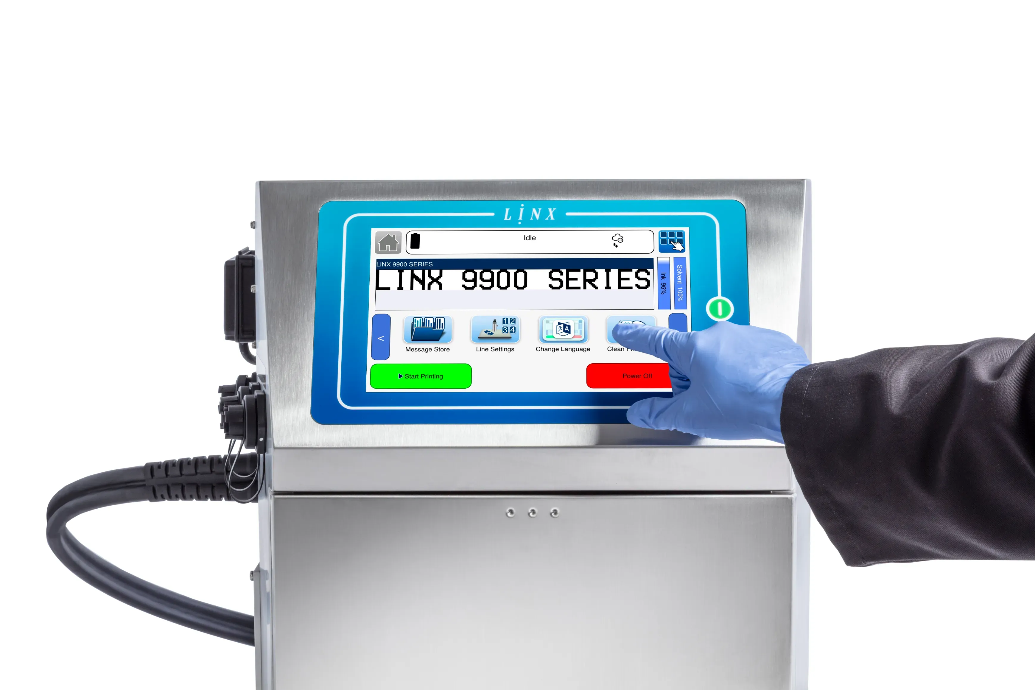 Operator using the touchscreen on a Linx CIJ printer