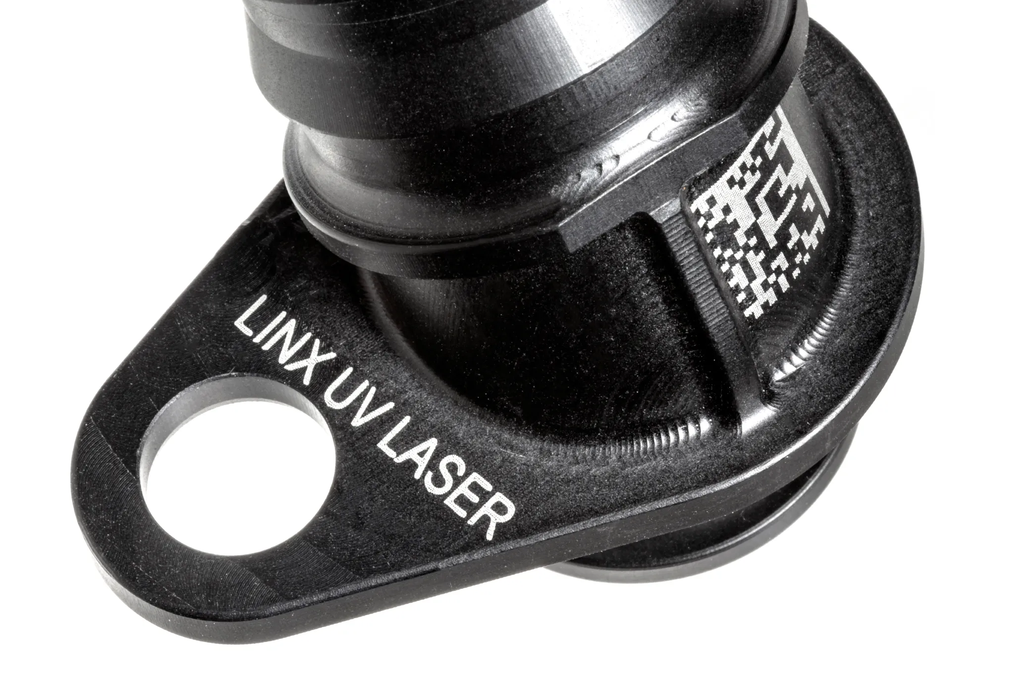UV laser text and Data Matrix on a black moulded part