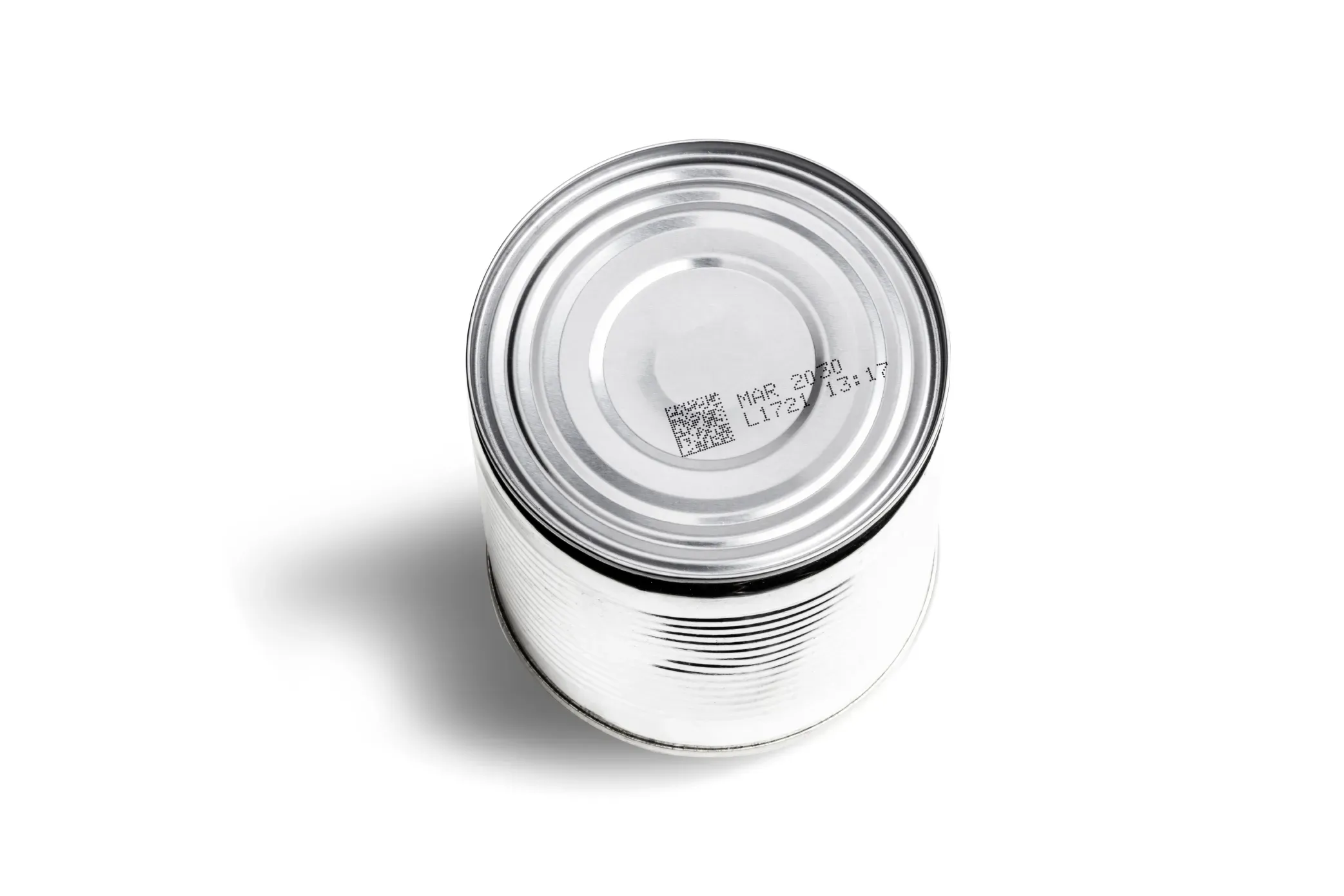 Data Matrix and date code on a steel food tin